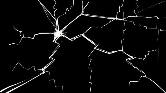 Cartoon crack with thick white lines on black background. Strong damage effect in 2D style for 4K overlay.