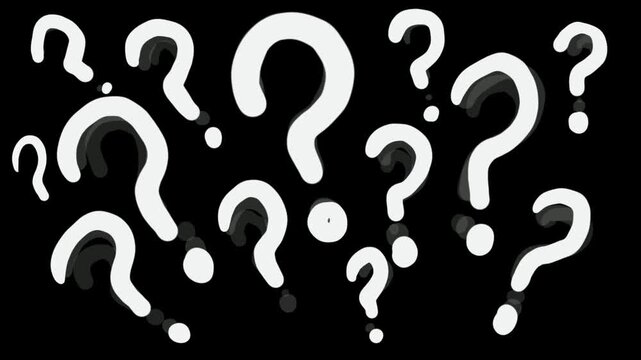 Animation of drawing white question marks on black background. Stock video with concept of misunderstanding and many questions. Doodle motion.