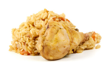 Chicken drumstick with pilaf, isolated on white background