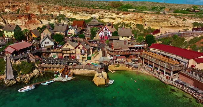 Aerial view of Popeye Village Malta. A theme park for tourists, built movie set for Popeye 1980 movie