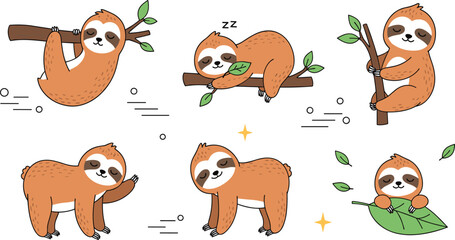 Fototapeta premium Cute sloth animal characters hanging on tree branches sleeping walking and relaxing cartoon flat vector illustration set