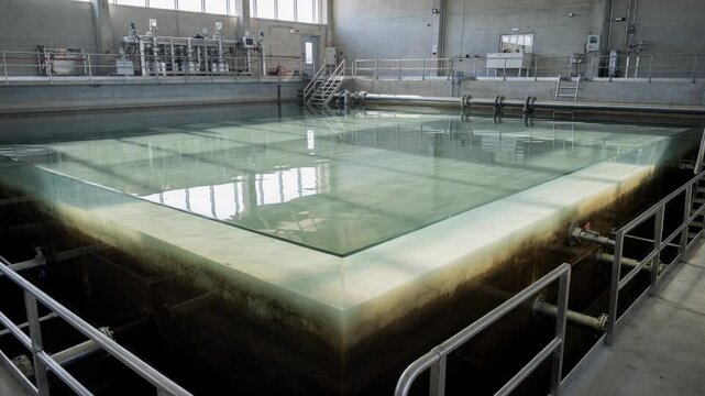 Medium shot of a clarified wastewater treatment basin showcasing settled water layers and clear effluents being processed for neutralization in a modern facility.