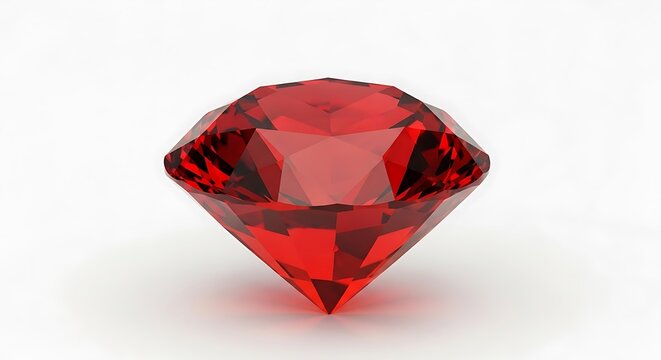 A faceted, vibrant red gemstone sparkles with light against a clean white backdrop