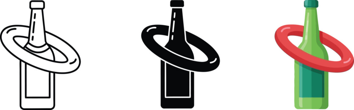 Ring toss game icon collection with outline glyph and colorful vector illustrations of a ring on a bottle perfect for party carnival and success-themed designs