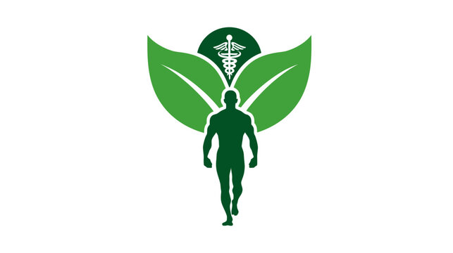 Green natural health logo with human silhouette, leaves, and caduceus symbol. Vector icon for wellness, holistic medicine, and healthy lifestyle.