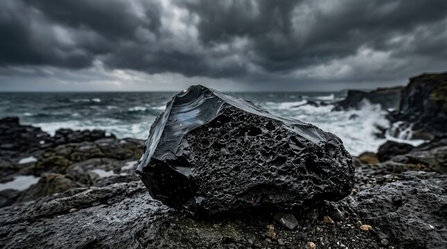 Porous Obsidian Fragment on a Rocky Shore with Stormy Ocean and Dramatic Clouds