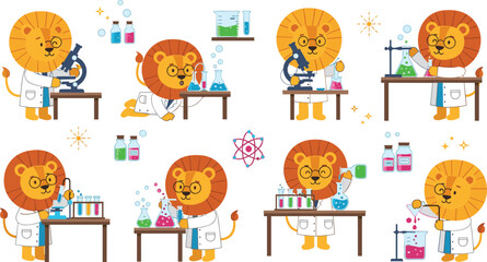 Fototapeta premium Cute Lion Scientist Characters Doing Chemistry Experiments in Laboratory with Beakers, Flasks and Microscope, Cartoon Animal Science Education Vector Illustration Set