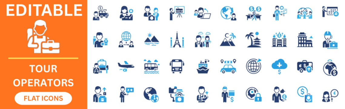 Professional tour operators and global travel flat icons set. Eiffel tower, pyramids, bus, cruise ship, airplane, tourist, guide, mountains, landmark