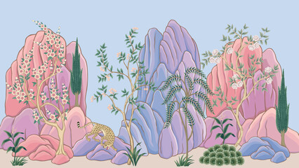 Vintage botanical floral tree, mountain, plant border. Exotic mural. © good_mood