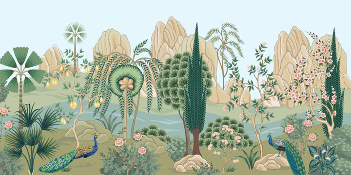 Indian peacock, palms, trees, plants, mountain, river border. Oriental landscape mural.	