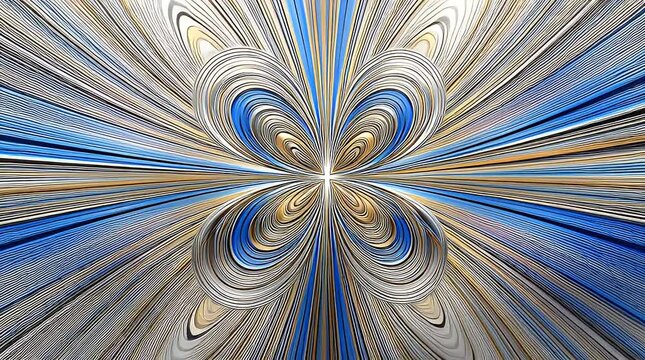 Abstract radial design featuring swirling blue gold and white lines emanating from a central point dynamic modern artwork perfect for backgrounds and creative projects