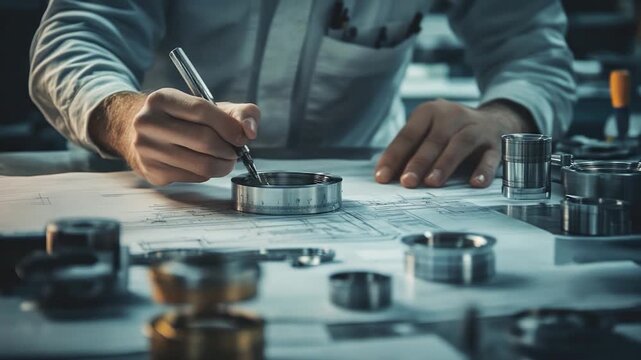 A person in a white coat leans over schematics, hand with pen, with metallic cylinders nearby