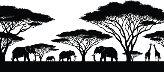 African Savanna Landscape Silhouette with Elephant Family and Giraffes Under Acacia Trees at Sunset for Wildlife Conservation and Safari Travel Concept Background © Asraful
