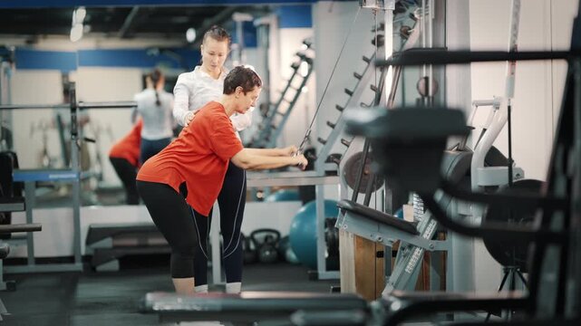 Personal trainer assisting senior woman with cable machine workout