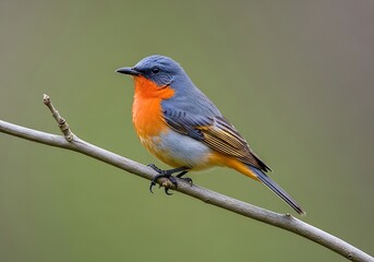 Obraz premium Small bird with blue back and orange chest perches on a branch.