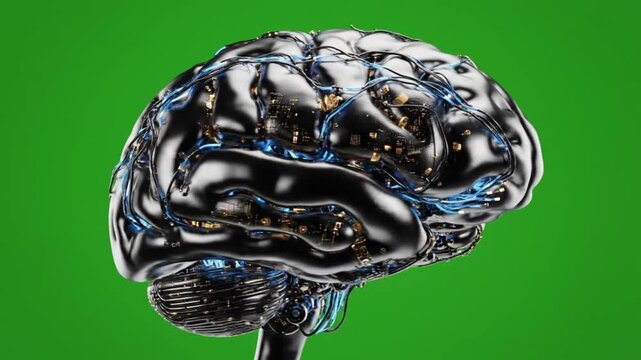 Futuristic metallic brain with glowing blue neural connections and microchips against a green background