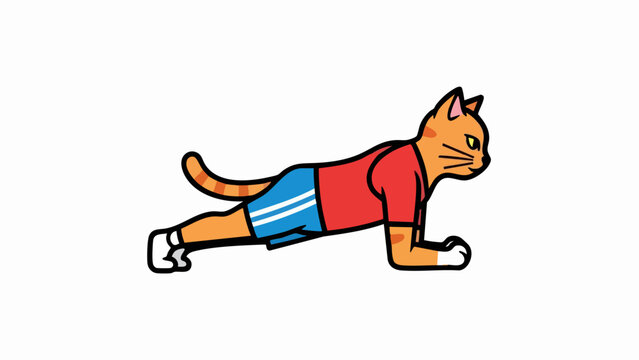 Cartoon cat doing plank exercise wearing red shirt and blue shorts.