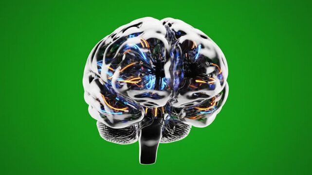Brain rendered with clear outer shell, electrical activity of nerves and neurons visualized on a green background