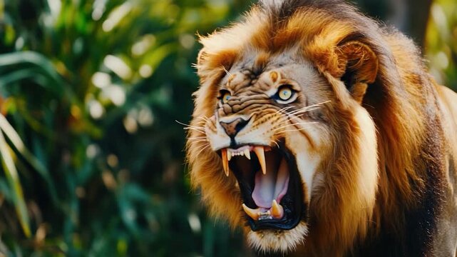 A close-up of a lion roaring, showcasing teeth and open mouth, set against blurred green foliage