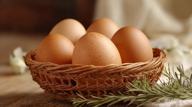 A close-up of a rustic woven basket holding speckled and solid brown eggs with garnish