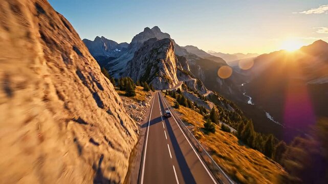 Mountain road landscape with sunlight and elevation perspective view