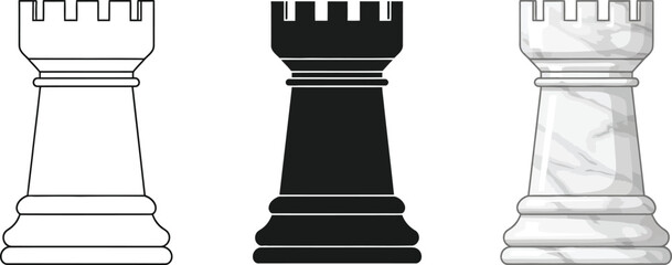 Set of three chess rook pieces including outline solid black and marble texture styles perfect for game design strategy concepts or educational content © Ahmad