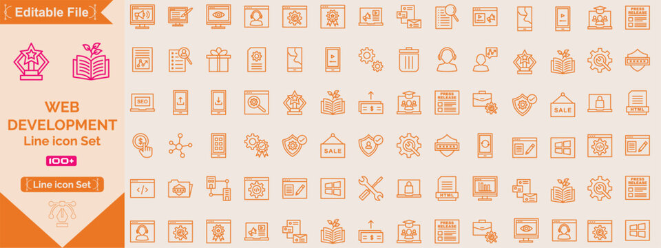 Web development Big set of web icons in line style. Developer icons for web and mobile app. Code, api, programmer coding, app, flow, node connect, web coder, bug fix and more. Vector illustration