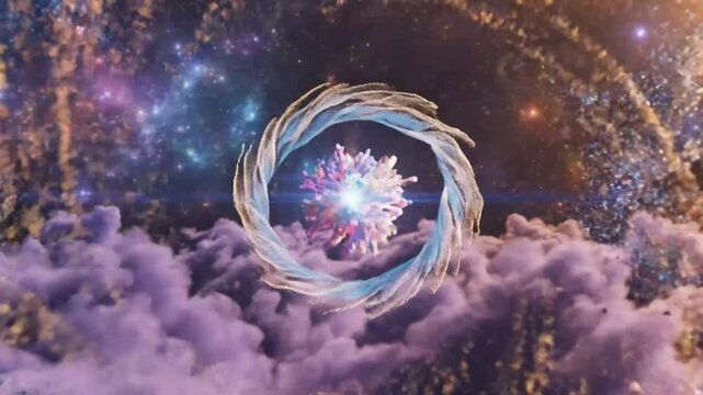 Abstract colorful molecular structure in a cosmic swirl, representing scientific discovery and creative visualization