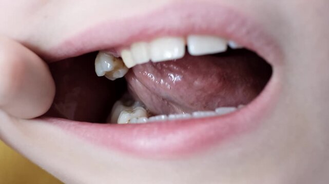 Child moves a milk loose tooth and presses on it with a tongue. Open mouth of a caucasian 9 year old kid. Posterior upper tooth remove. Changing teeth. Healthcare. Body part. High quality 4k footage.