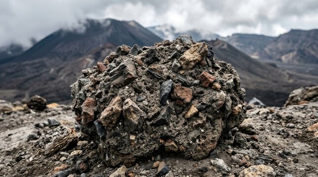 Close-up of coarse pyroclastic rock formation with volcanic mountains in background
