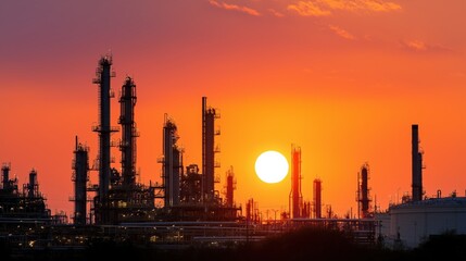 Fototapeta premium Industrial skyline at sunset with silhouette of oil refinery 
