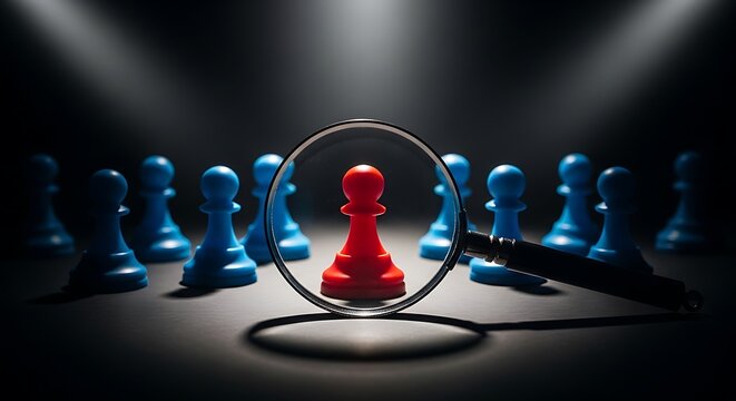 A magnifying glass focuses on a red pawn amidst blue pawns under spotlight