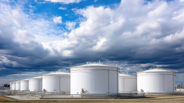Industrial oil storage tanks under cloudy sky  