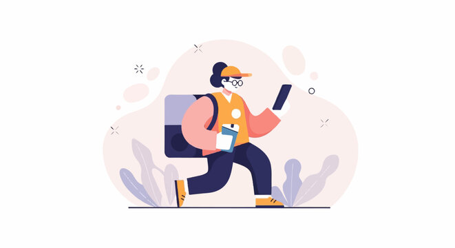 A person with a backpack and phone, delivering items with a cup in hand