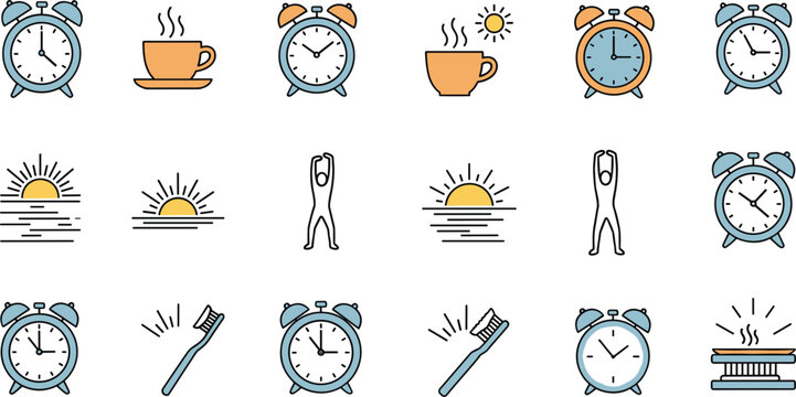 Set of morning routine icon illustrations including alarm clocks, coffee, sunrise, stretching, toothbrush and breakfast for lifestyle and vector design projects
