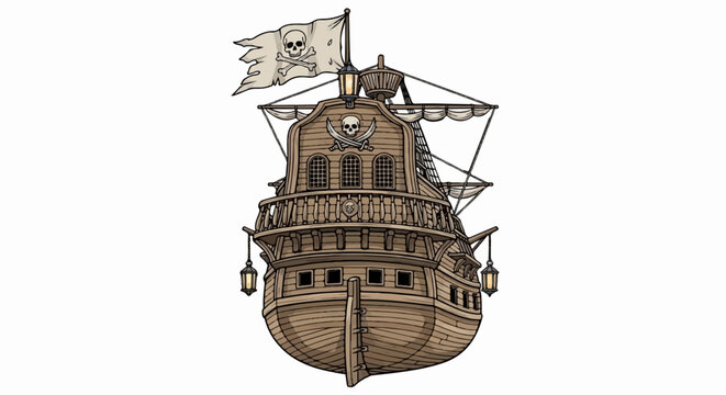 A detailed illustration of a weathered wooden pirate ship with a skull flag