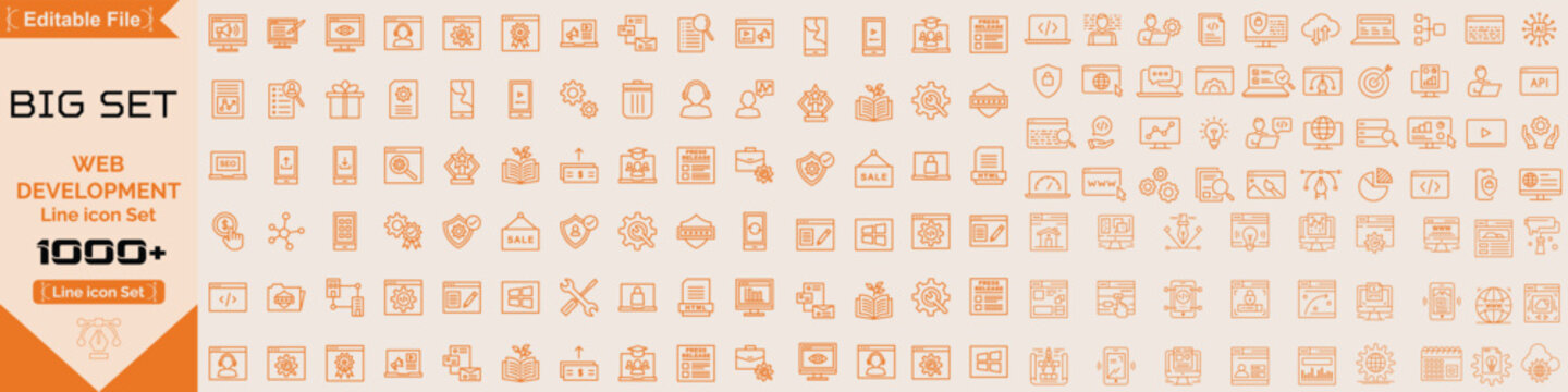 Web development Big set of web icons in line style. Developer icons for web and mobile app. Code, api, programmer coding, app, flow, node connect, web coder, bug fix and more. Vector illustration