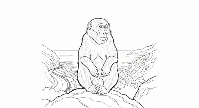 A monkey sits on a rock, overlooking a winding road and a body of water
