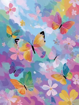 Colorful butterflies flying in a floral garden illustration. Vibrant digital art with whimsical spring nature theme. Abstract painterly background