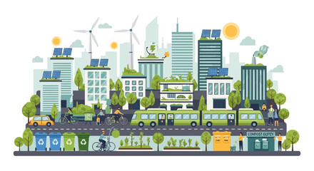 Fototapeta premium Sustainable Green City Illustration: Urban Ecology, Renewable Energy, Solar Panels, Wind Turbines, Electric Bus, Bicycles, Recycling & Eco-Friendly Lifestyle
