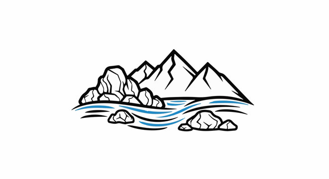 Mountain peaks above a river with rocks