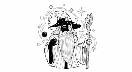 Obraz premium Mystical wizard with beard, star hat, staff, and orb, surrounded by magic