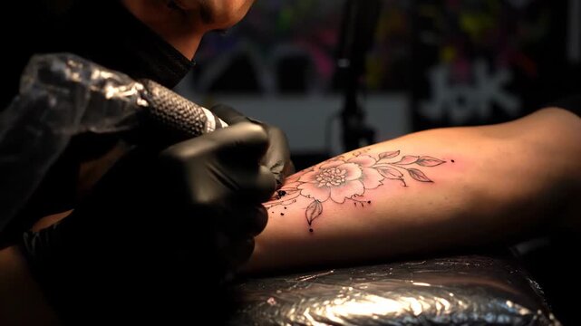 Close-up of a tattoo artist in black gloves creating a floral design on a clients arm in a dimly lit studio.