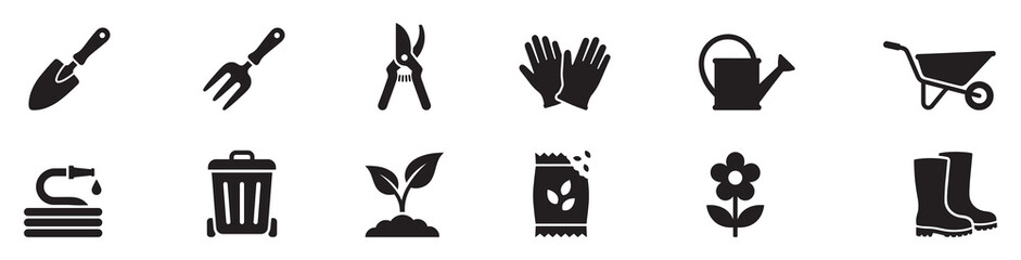 Obraz premium Gardening tools icon set. Flat vector icons of shovel, watering can, wheelbarrow, and garden accessories. Vector Illustration.