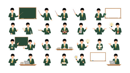 Fototapeta premium Teacher's Expressions and Actions: A collection of illustrations showcasing a teacher in various poses and actions, equipped with a range of educational tools. 