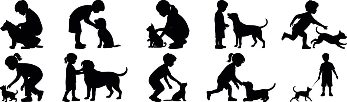 pet training dog care activity stickman silhouette icon set, human dog interaction obedience training behavior pictogram collection, dog owner pet care training command activity vector icons
