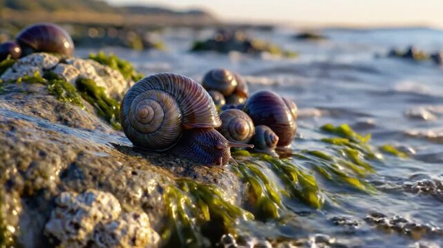 Coastal snails clustered on seaweed-covered rocks, glistening under the sunlight, showcasing marine life and serene nature