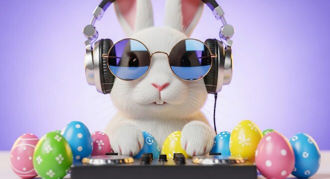 Cool DJ Easter Bunny with Headphones and Sunglasses, Holiday Music Party Concept