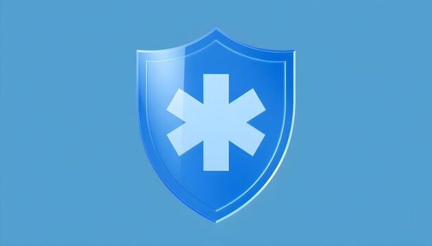 A blue shield with a white medical cross on a blue background represents protection.