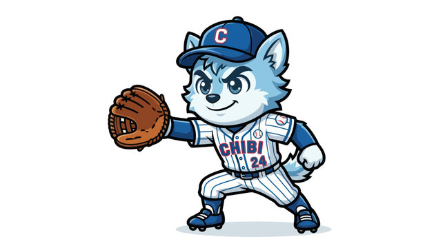 Chibi Wolf Baseball Player Mascot Ready to Catch Ball.